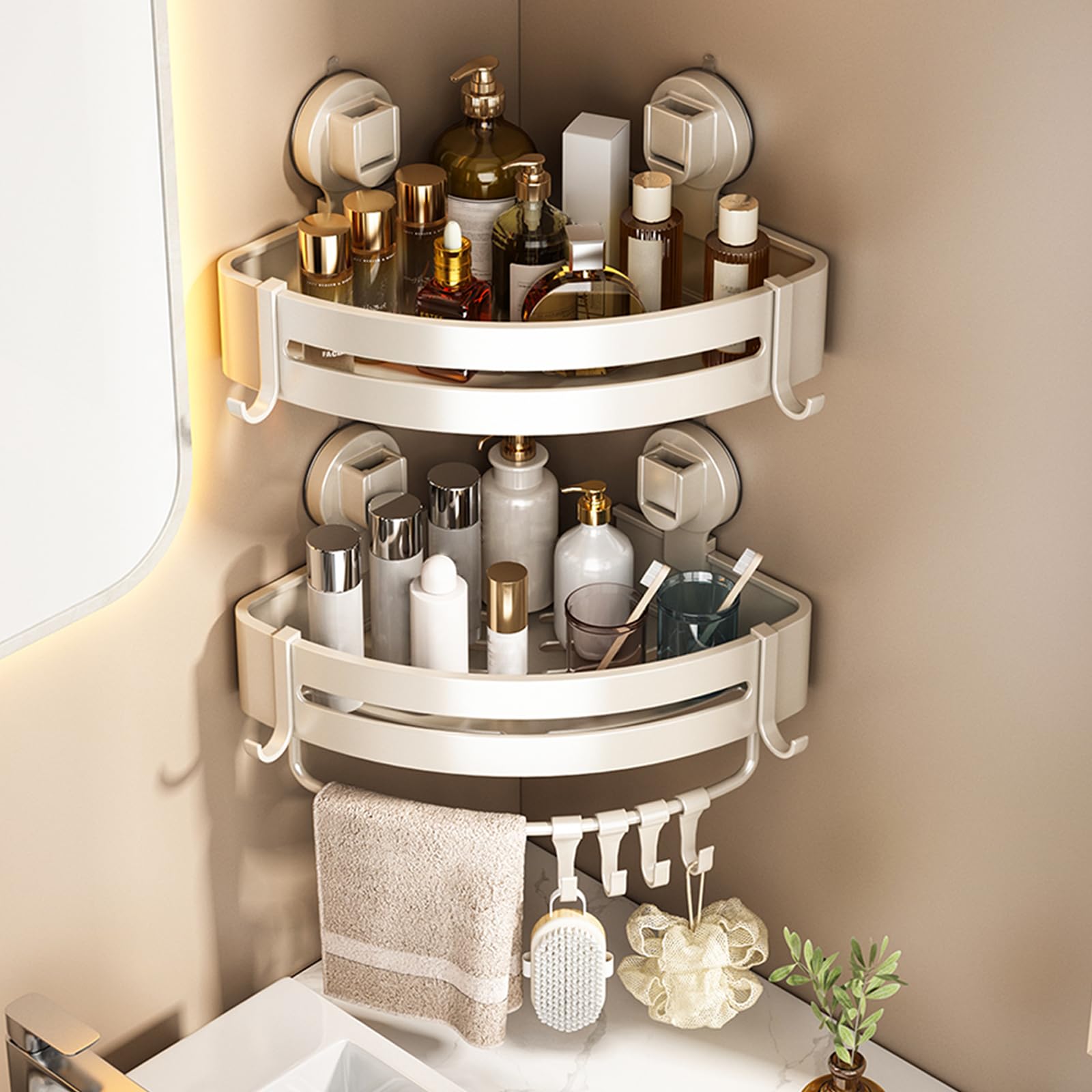 Photo 1 of ?2026 Upgraded?New Adjustable Corner Shower Caddy Suction Cup,Extremely Strong Suction Power, No Drilling Rust Proof Aluminum Suction Cup Shower Caddy with Towel Bar(2-Pack,Ivory Suction Shower Caddy)