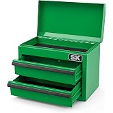 SK Mini Metal Tool Box with 2 Drawers, 10.8" Small Steel Toolbox Chest | Self-Standing Lid, Cold-Rolled Steel Top Tool Chest, PVC Liners &amp; Rubber Feet Pads, Powder-Coated, For Workbench, Garage