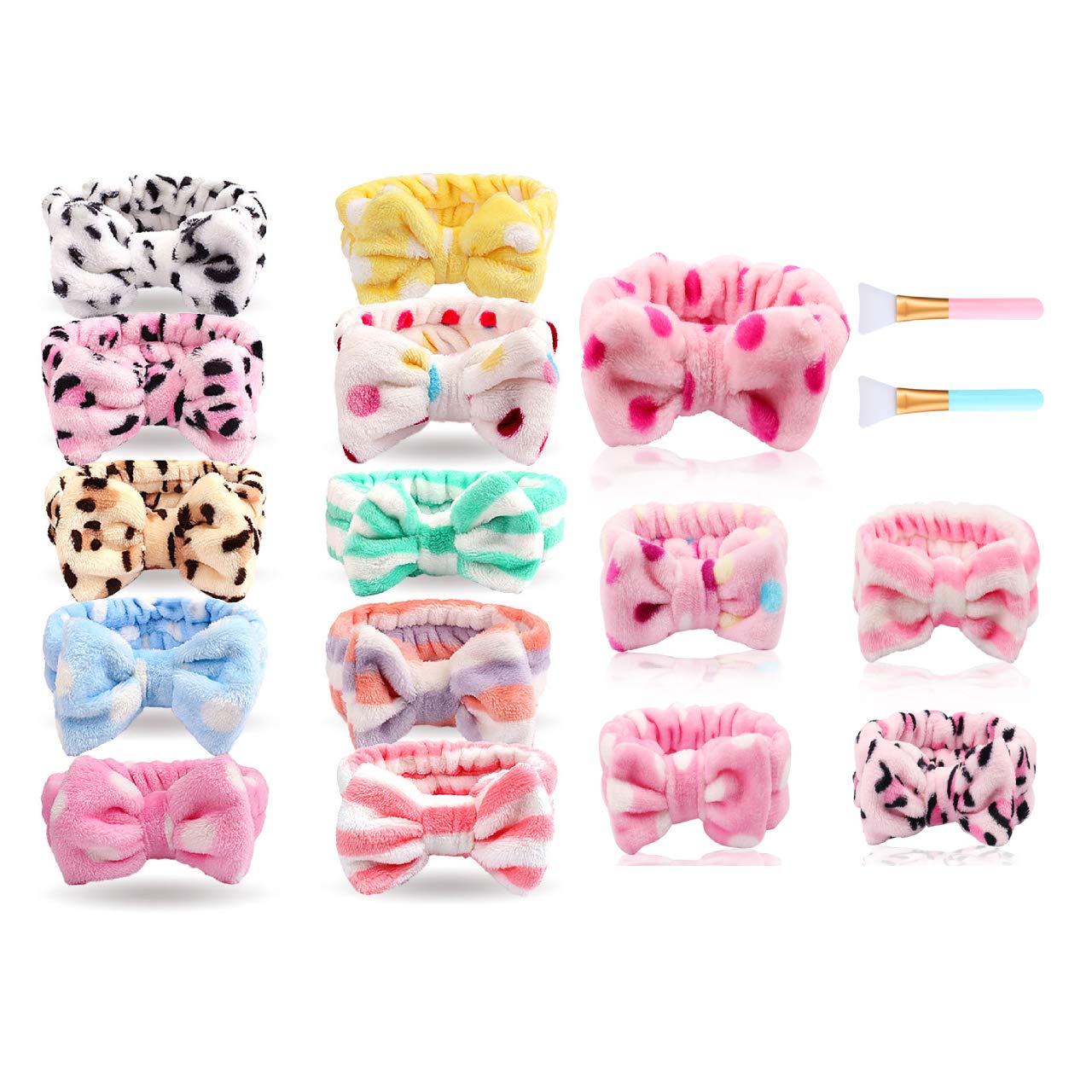 10 Pack Bow Hair Band and 5 Pack Pink Spa Facial Headbands Bundle