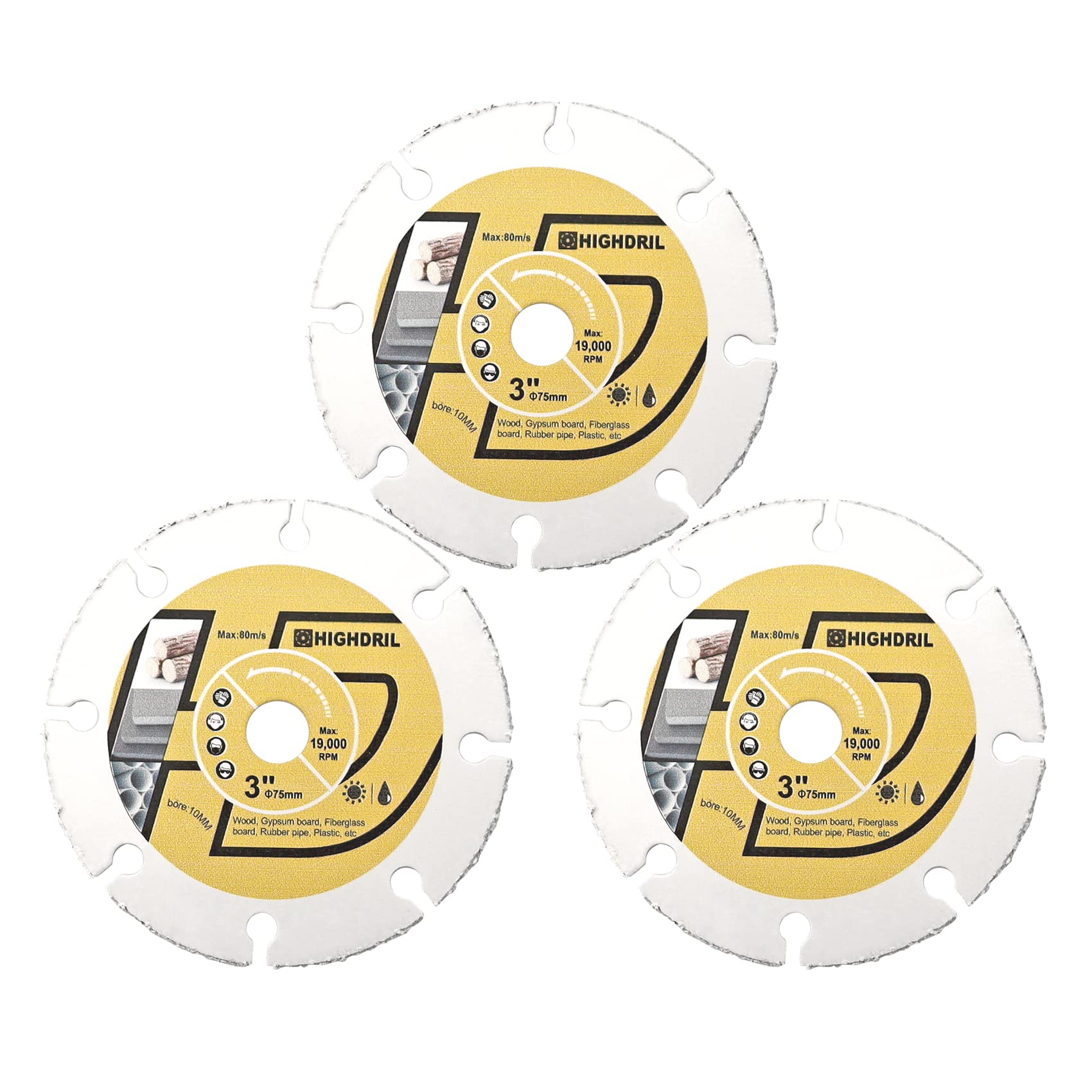 HIGHDRIL 3PCS 3Inch Circular Saw Blade - Carbide Wood Cutting Disc with Arbor 10MM for Wood, Gypsum Board, Fiberglass, Rubber Pipe, Plastic, Cement Residue