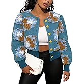 Flygo Women's Cropped Floral Print Bomber Jacket Warm Fleece Varsity Jacket Casual Button Down Puff Sleeve Coat Outerwear