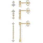 PAVOI 14K Gold Plated 925 Sterling Silver Posts Dainty Stud and Dangle Chain Earring Pack for Women | Set of 3 Cubic Zirconia Earrings