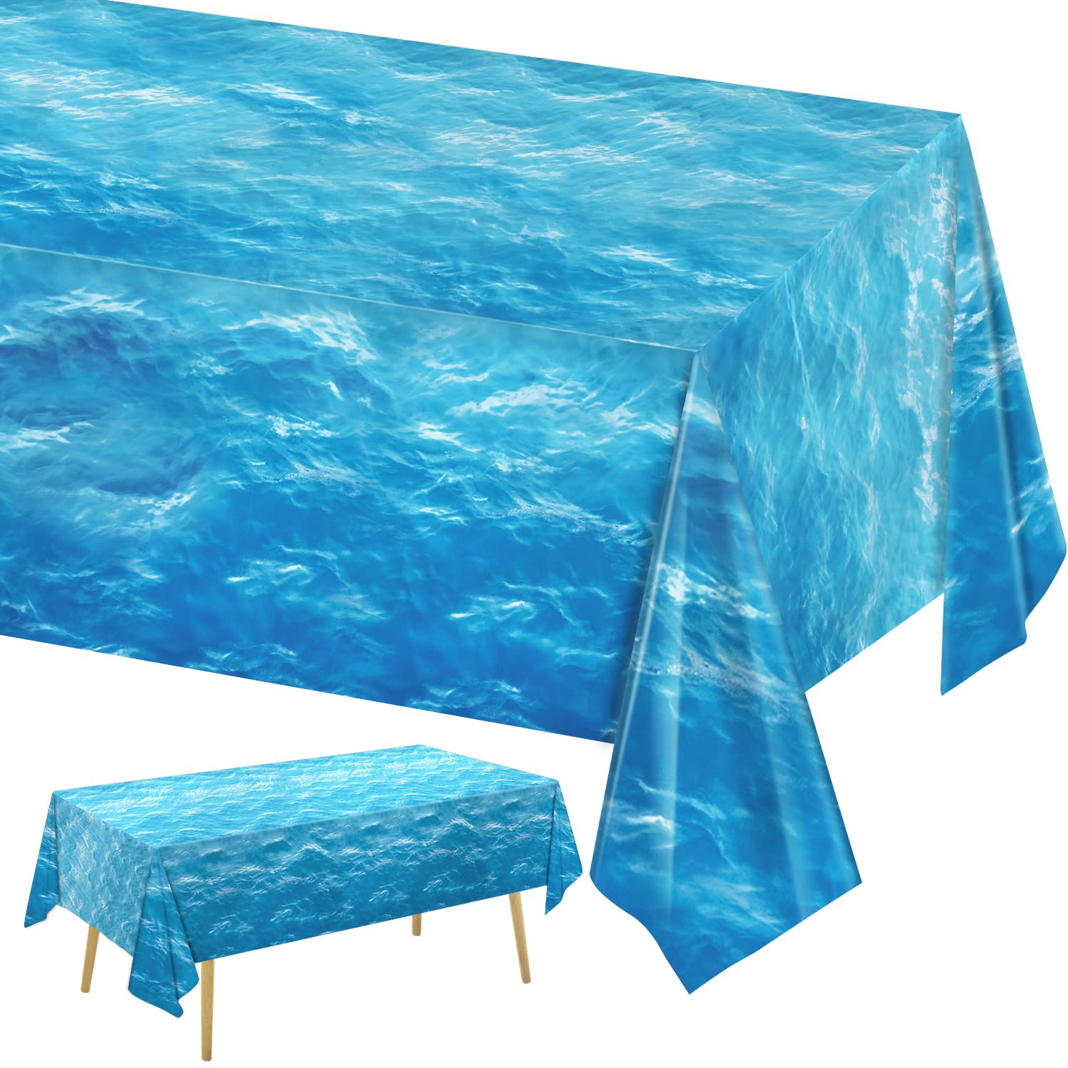 Photo 1 of 3 Pieces Ocean Waves Tablecloth 54 x 108 Inch Water Print Plastic Table Cover Ocean Party Table Cloths for Beach Pool Birthday Under The Sea Party Decorations Supplies