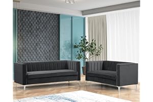 Morden Fort Velvet Accent Chair Loveseat Contemporary Sofa Home Theater Seating Upholstered Accent Arm Modern Chesterfield Sofa Furniture Couch Set for Living Room Office Bedroom Apartment, Black