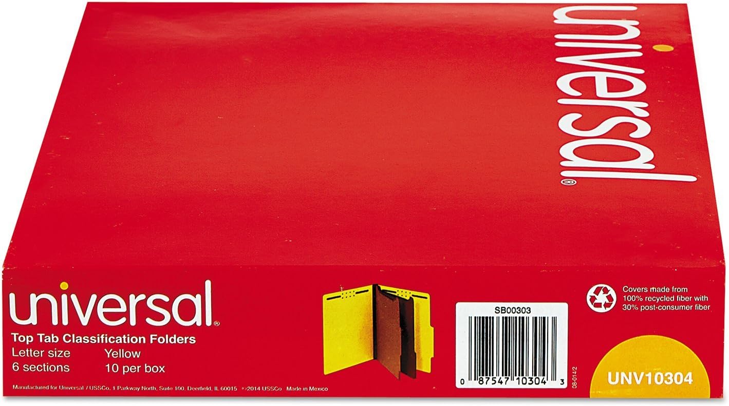 Universal Pressboard Classification Folders, Letter, Six-Section, Yellow, 10/Box (10304) : Top Tab Classification Folders : Office Products