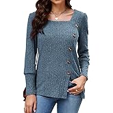 Viracy Women's Fall Sweater Long Sleeve Lightweight Square Neck Dressy Casual Tunic Tops with Buttons