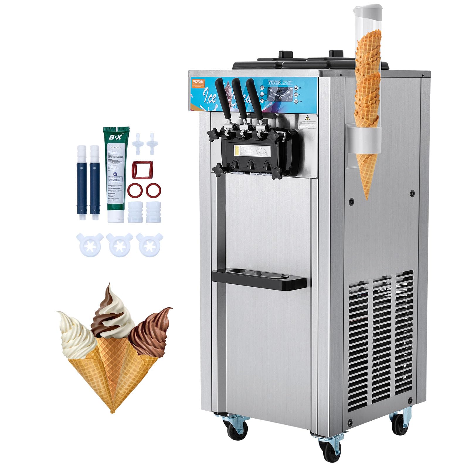 Photo 1 of VEVOR Commercial Ice Cream Machine, 21-31 L/H Yield, 1800W 3-Flavor Freestanding Soft Serve Ice Cream Maker, 2 x 5.5L Stainless Steel Cylinder, LED Panel Auto Clean Pre-cooling, for Restaurant Bars