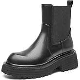 BEAU TODAY Platform Chelsea Boots for Women, Chunky Genuine Leather Elastic Ankle Boots for Women, Fashion Fall boots with Round Toe, Comfortable Slip-on Winter Combat Boots