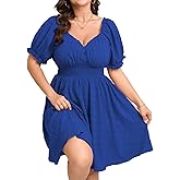 SCOMCHIC Womens Plus Size Summer Dresses Casual Sun Dress Sweetheart V Neck Puff Short Sleeve Smocked A Line Mini Dress