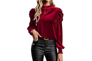 Womens Mock Neck Puff Long Sleeve Velvet Tops Fall Winter Trendy Ladies Cute Sexy Keyhole Christmas Party Holiday Shirts