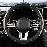 Car Steering Wheel Cover, Leather Steering Wheel Cover Beige Universal 14.5-15 Inch Microfiber Leather Anti-Slip Breathable Auto Steering Wheel Covers for Men Women (Black&Beige)