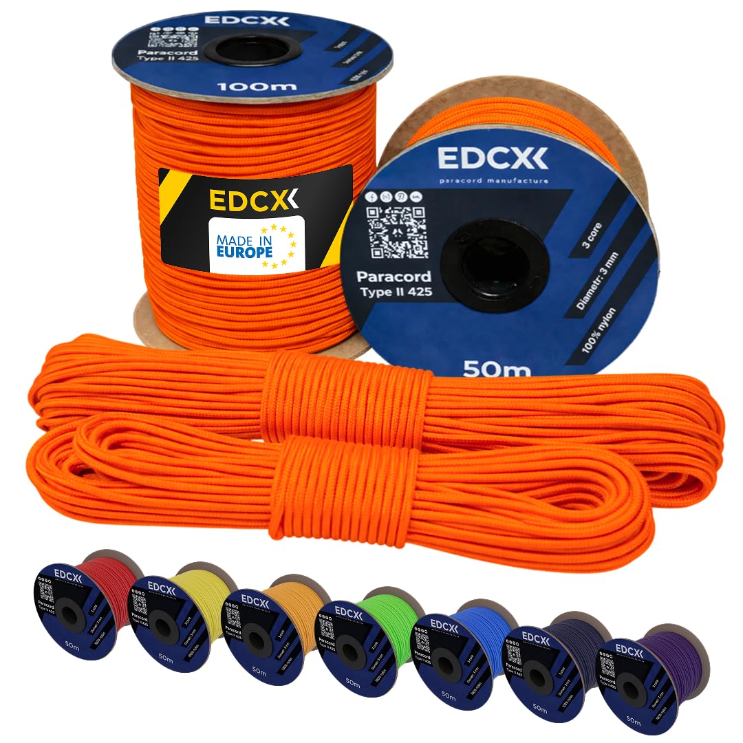 EdcX 3 mm Nylon Paracord 425 (15, 30, 50 and 100m) – 3 mm Type II, 100% Nylon Rope, 3 Strand Rope, 3 mm Nylon Rope in Many Colors (Sofit Orange, 15 m)
