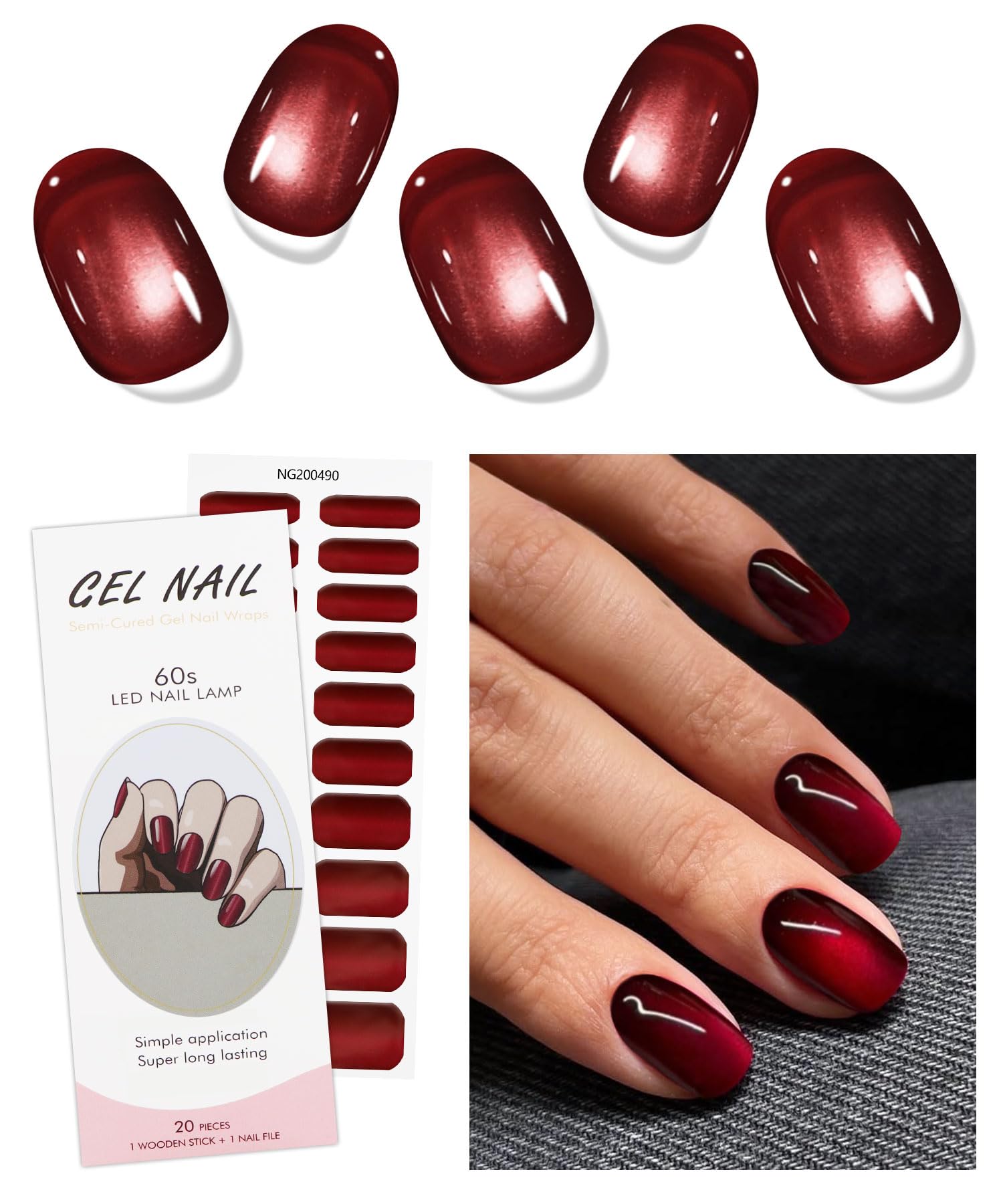 JMEOWIO Gel Nail Stickers Cat Eyes Red Semi Cured Gel Nail Strips Wraps UV/LED Nails Art Design Decoration Accessories