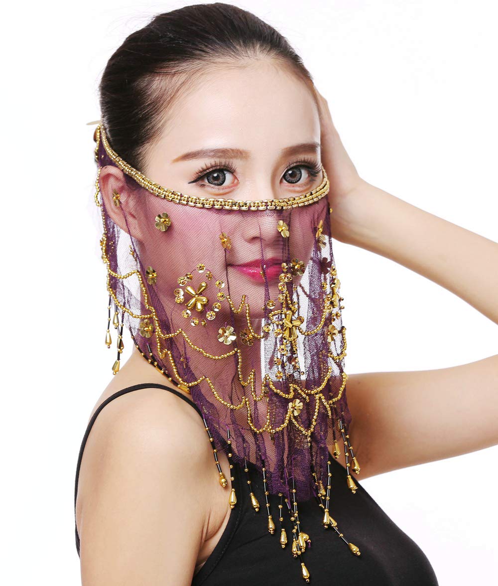 Belly dance half face veil costume with gold beaded clover for womens girls arabian egyptian dancing (Purple), One Size