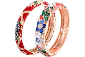 wynameleri Vintage Jewelry Cloisonne Handcrafted Enameled Gorgeous Rhinestone Rose Hinged Cuff Bracelet Bangles Gifts 88A-55A128