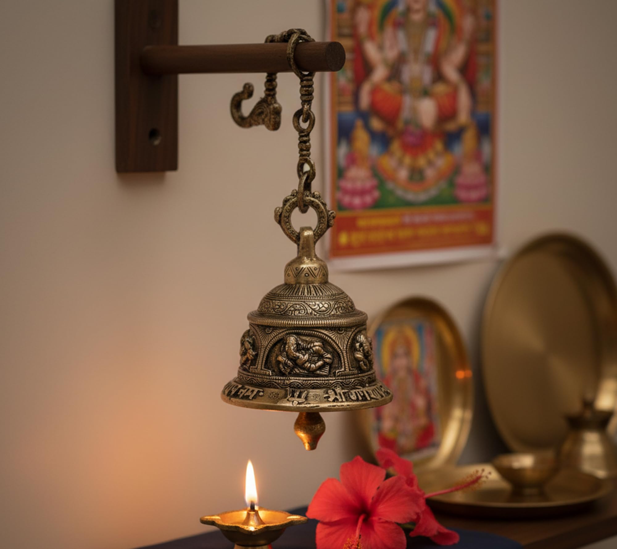 ESPLANADE - Ethnic Brass Ganesha Ganesh Temple Bell with Chain | Brass Hanging Bell | Home Decor | Pooja Accessories