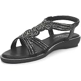 Heltid Women Open Toe Rhinestone Flat Sandals Elastic Ankle Strap Bohemian Dressy Sandals for Women
