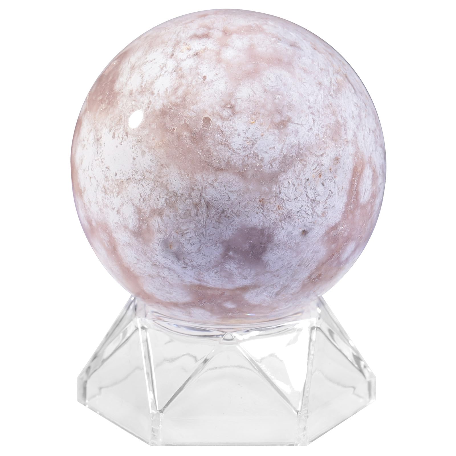 mookaitedecor 61-70mm Cherry Blossom Agate Crystal Ball Sphere Ornament with Stand Rare Crystals and Gemstones for Collecting, Pink Sakura Agate Stone Healing Crystal Geode Ball Gift Rock and Mineral