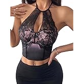 FEOYA Women's Sexy Lace Sheer Halter Neck Corset Backless Crop Tops Y2k Trendy Sleeveless S-L