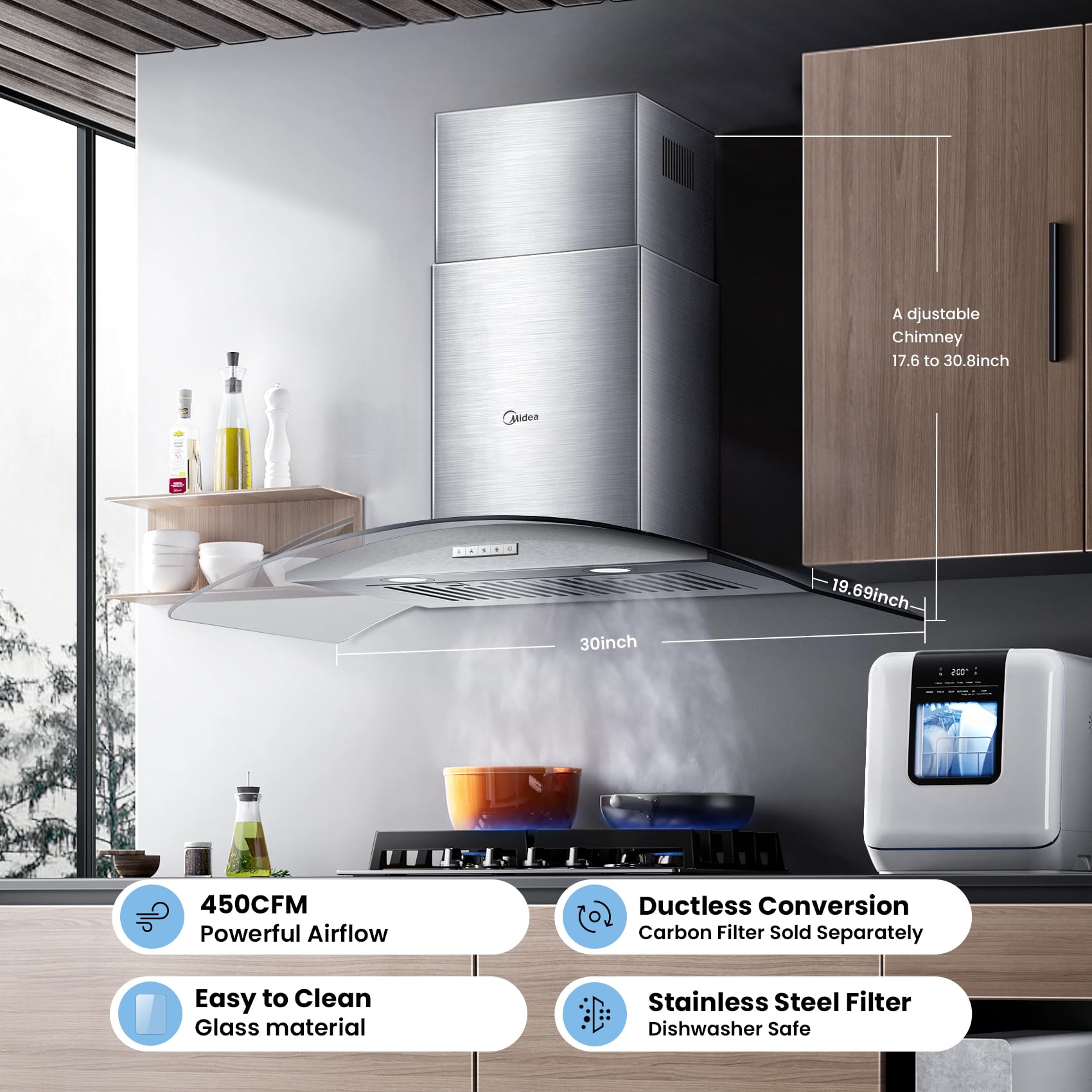 Midea Range Hood 30 Inches Ducted Wall Mount Vent Range Hood with 450 CFM 3 Speed Exhaust Fan, Baffle Filters, Curved Glass, 2 LED Lights, Convertible to Ductless, Stainless Steel