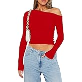 Mokoru Womens Off The Shoulder Tops Sexy Going Out Y2K Crop Tops Long Sleeve Tight T Shirts