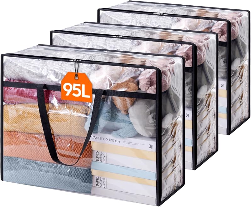 Lifewit 3 Pack 95L Clear Plastic Storage Bags with Handles Wardrobe Organizer