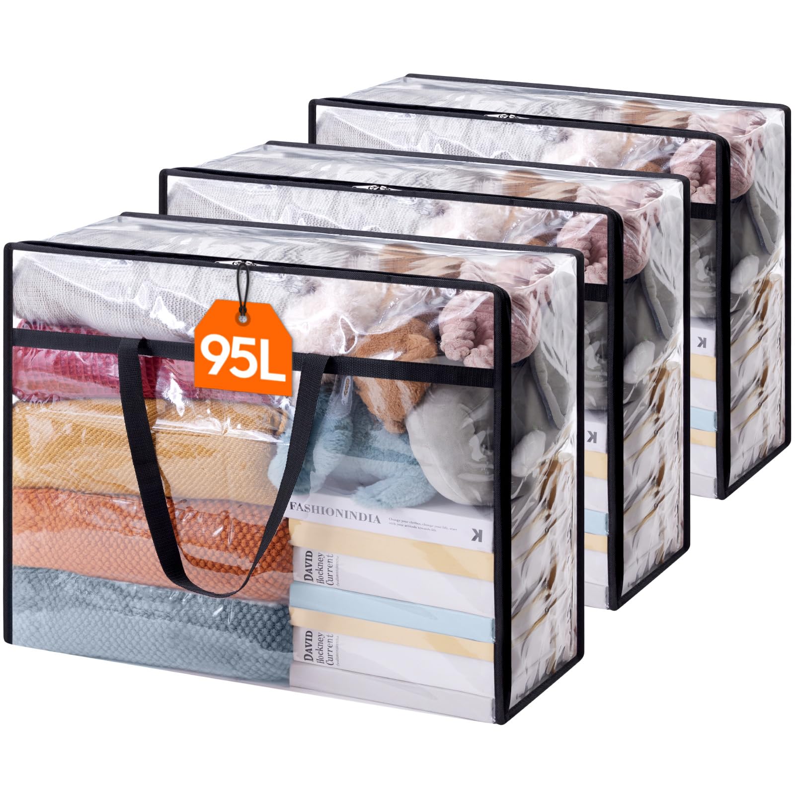 Lifewit 3 Pack Clear Plastic Storage Bags, 95L Foldable Clothes Storage Boxes Wardrobe Storage Organizer Moving Bags with Reinforced Handle for Loft Wardrobe for Bedding Clothes Blanket Duvet