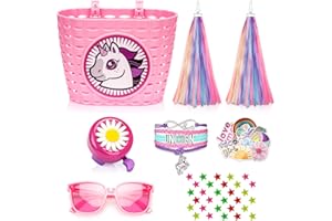 Suerico Kids Bike Basket for Girls,Handlebar Bicycle Basket with Unicorn Bracelet,Bike Bell, Streamers, Stickers,Riding Sunglasses,Bike Decoration Accessories Set for Girls