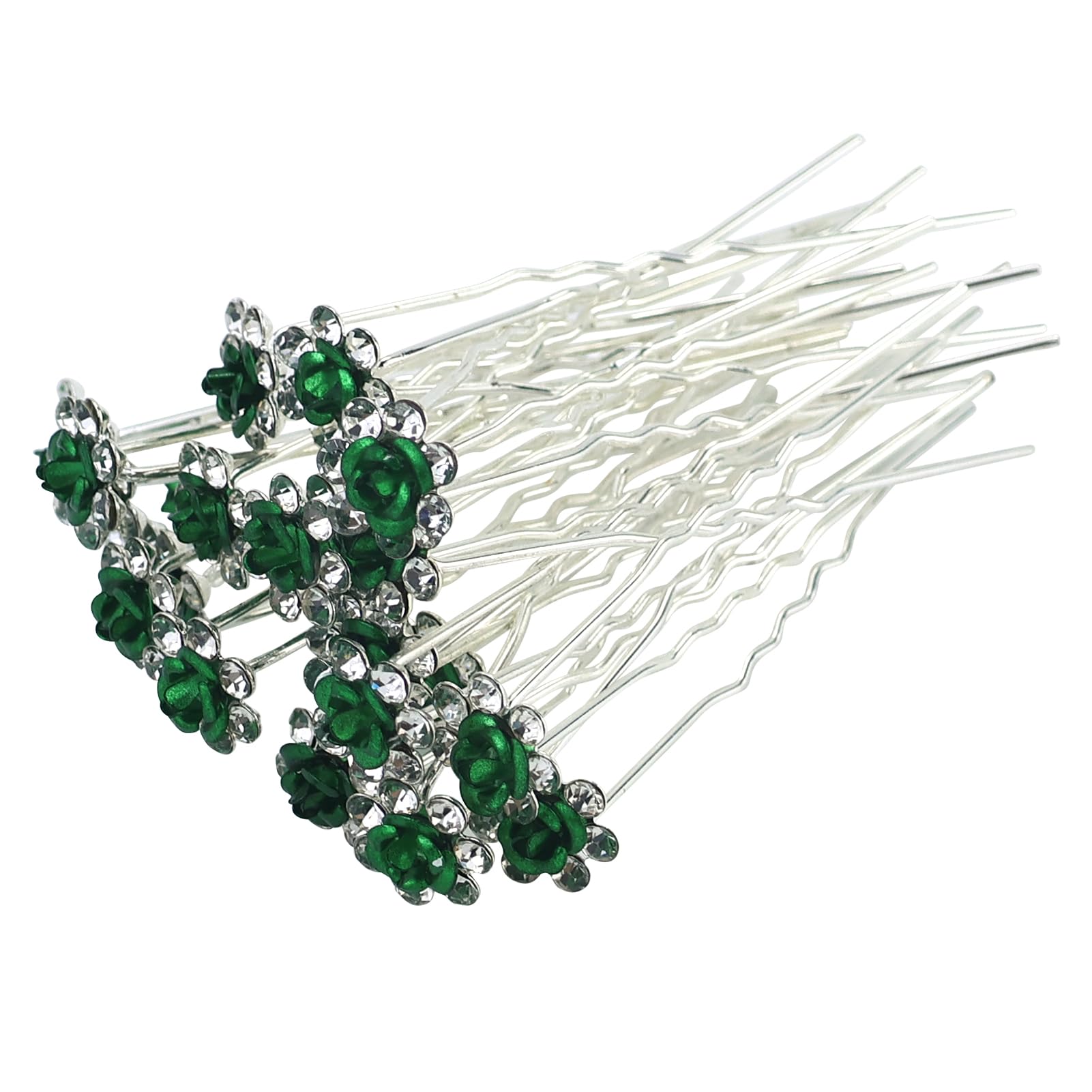 22Pcs (Green) Crystal Hair Pins Rose Flower Rhinestone Hair Clips for Bridal Wedding Women Hair Jewelry Accessories,with Clear Container