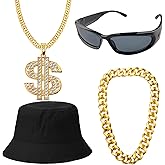 4 Pack Hip Hop Costume Kit Rapper Accessories 2000s 80s 90s Outfit Fake Gold Chain Sunglasses Hat for Rapper