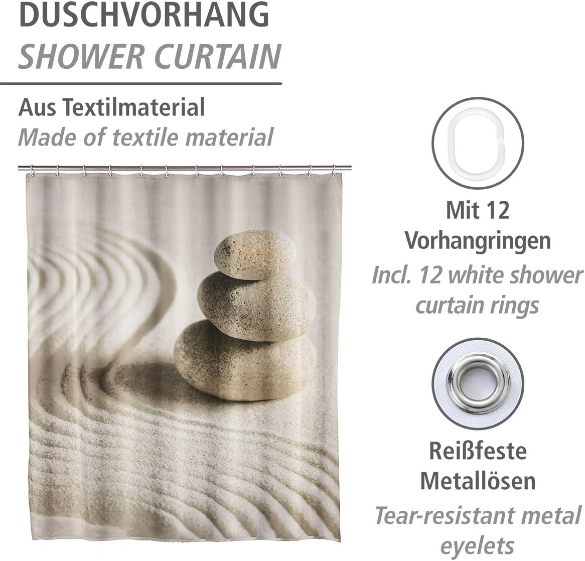 WENKO "Sand and Stone Shower Curtain, Multi-Colour, 180 x 200 cm, W 70.9" x L 78.7" (1 Panels) - Image 3