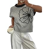 SOLY HUX Women's Short Sleeve Sweater 3D Floral Sweaters Pullover Tank Tops Knit Vest Trendy Fashion Clothing Grey Black Flower Small