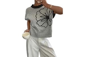 Women's Ribbed Sweater Crew Neck Short Sleeve Floral Knit Pullover Tops