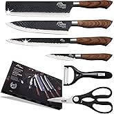 Numola 6 Pieces Black Professional Chef Knife Set, BBQ Meat Knives for Cooking, Forged Kitchen Knife with High Carbon Stainless Steel Cutlery Ergonomic Design Handle with Box for Couples Gift