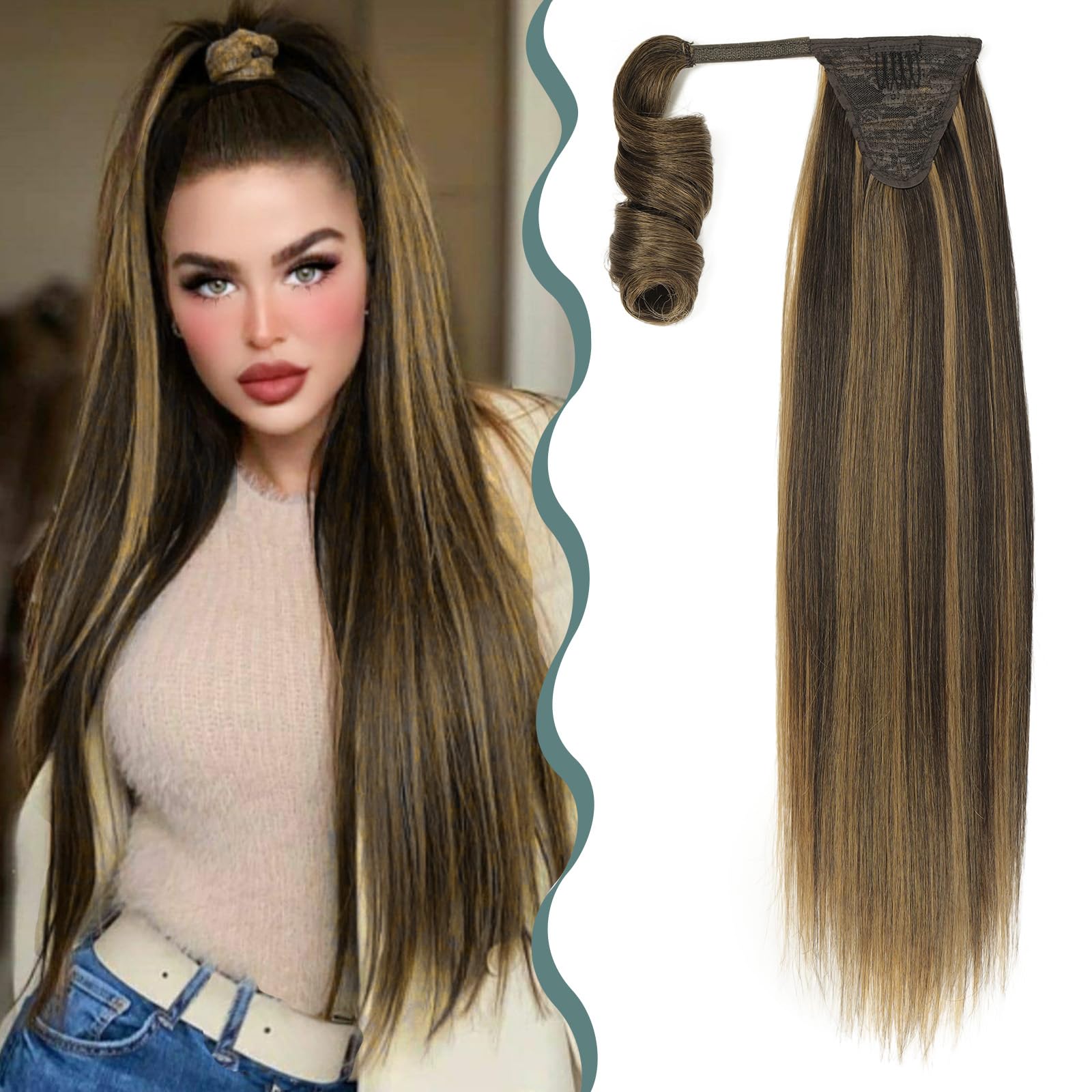 BHF Hair Extensions - Clip In Hair Extensions Wrap Around Ponytail Extension Long Straight Ponytail Hairpiece Fluffy Synthetic Fiber Fake Ponytail for Women （Dark Brown with Caramel Blonde 22'' 130g）