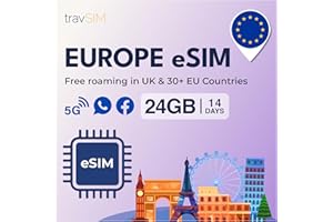 travSIM eSIM for Europe Travel | 24GB Data at 4G/5G speeds | Data Only eSIM | Use Europe eSIM in UK & 30+ Countries in The EU |Plan on eSIM for Europe Valid for 14 Days