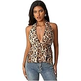 RoseSeek Women's Leopard Sequin V Neck Halter Tops Sleeveless Glitter Y2K Tank Top Fitted Party Clothes