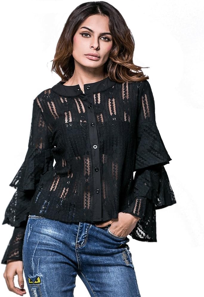 SHOWIN Lace Top Blouse Women's Elegant Hollow Out Flower Shirt Layered Ruffle Bell Long Sleeve Round Neck Tops