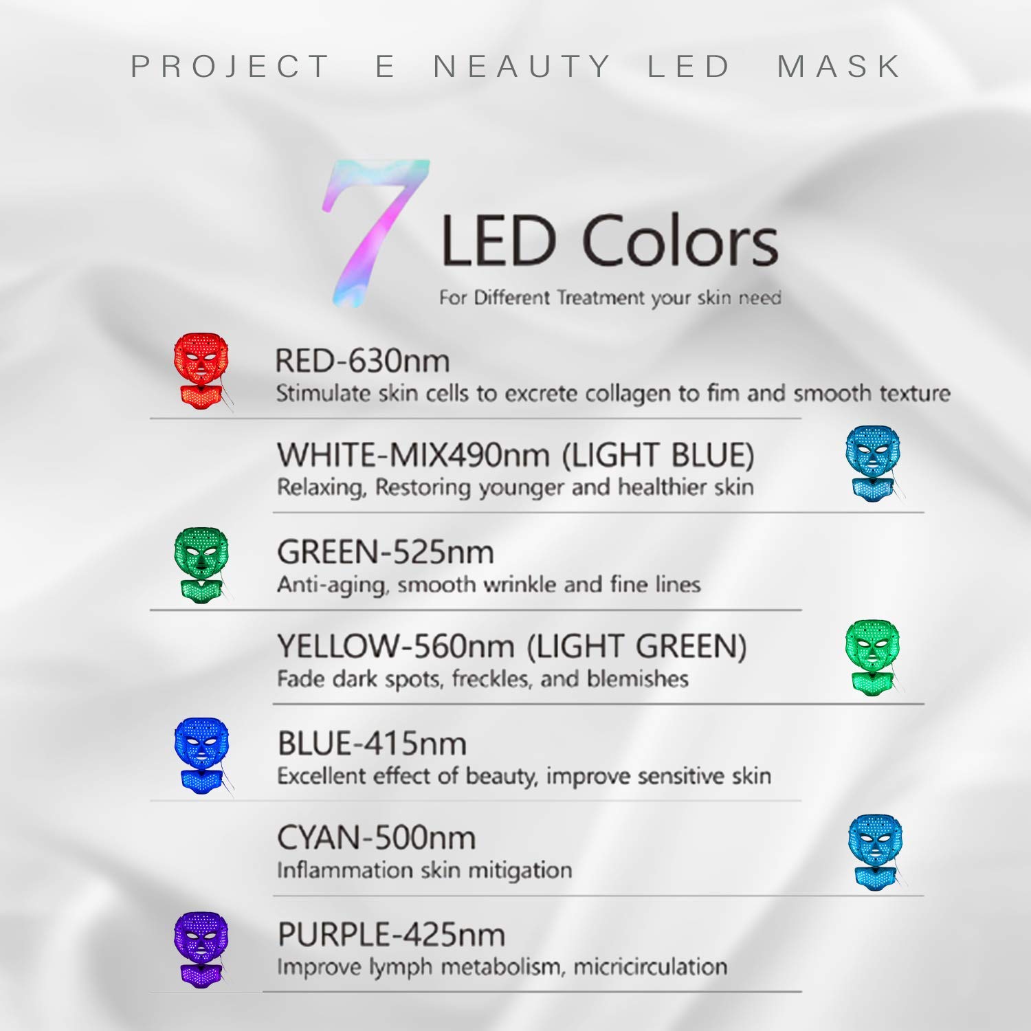 Led Face Mask with 7 Color Facial Skin Deall Mask Proven Light Therapy Acne Photon Mask (White) : Beauty