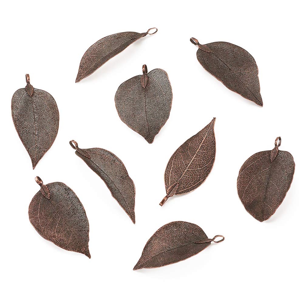 Panadhall 10pcs Large Hole Natural Real Filigree Leaf Pendants Charms 1.97~3.15x0.79~1.38 Inch with Copper Plated Iron Bail for Necklace Jewelry Making