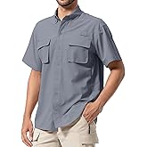 Mens UPF 50+ Sun Protection Short Sleeve Quick Dry Fishing Safari Hiking Shirt with Zipper Pocket Lightweight Cooling