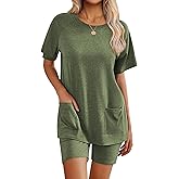 Ekouaer Two Piece Sets for Women Summer Outfits 2026 Lounge Set Crew Neck Tshirts Biker Short Sweatsuit with Pocket
