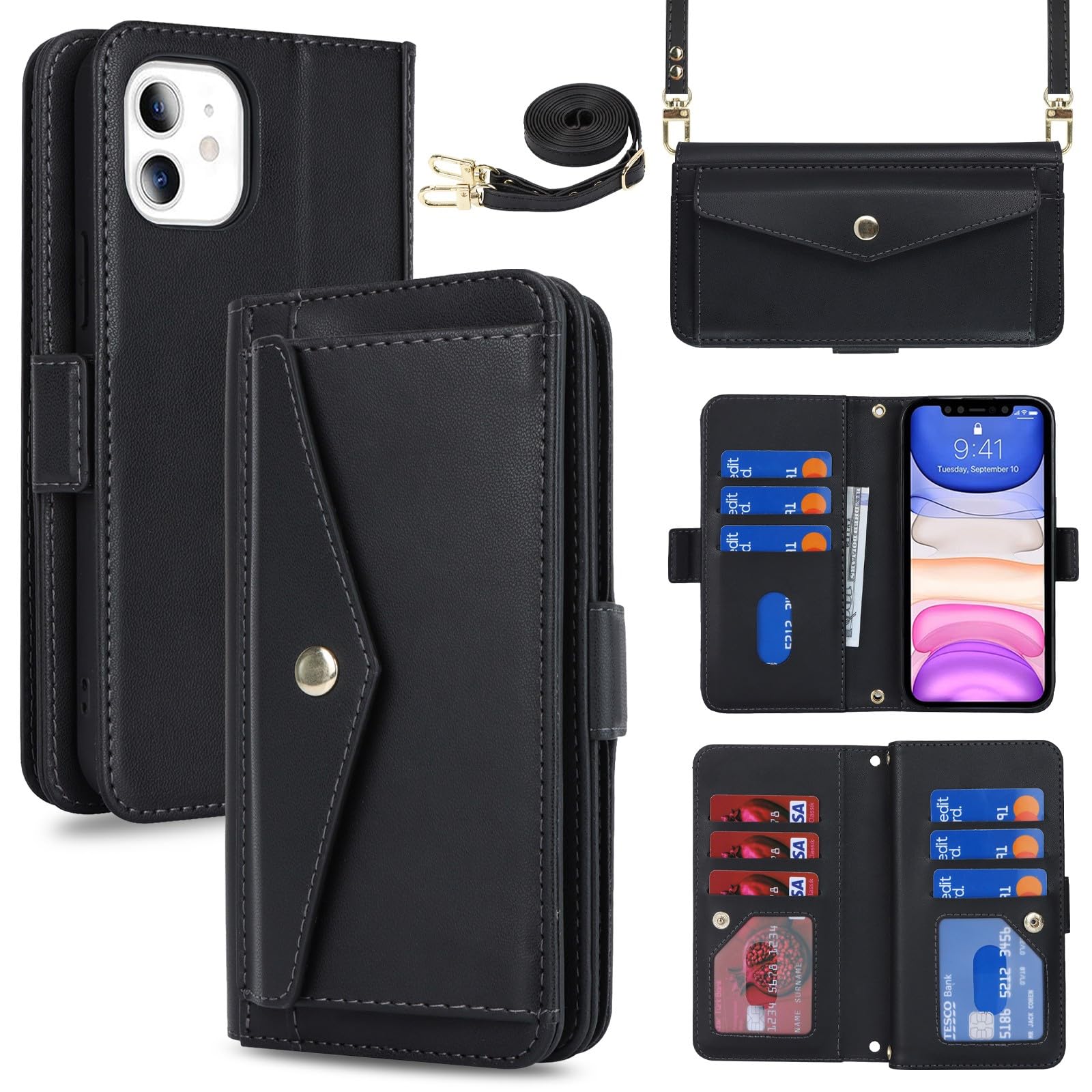 Zouzt for iPhone 11 Wallet Case for Women, Purse with Credit Card Holder Slots Crossbody Lanyard Strap Flip Folio Book Shockproof Protective Cover for Apple iPhone 11 6.1 Inch (Black)
