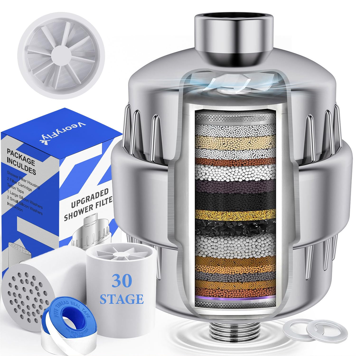 15 Stage Shower Filter With Vitamin C For Hard Water - High Output Remove Fluoride Cartridges Included Consistent Flow Showerhead