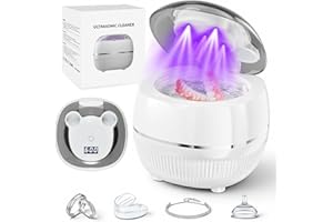 OJLOJL Ultrasonic Retainer Cleaner Machine, 48kHz Dental Cleaning Pod for Night Guards, Mouth Guards, Aligner, Braces, Toothbrush, Jewelry, Ultrasonic Dentures Cleaner with Digital Timer, 220ML, White