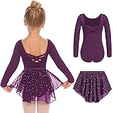 Zaclotre Girls Ballet Leotards Toddler Long Sleeve Crisscross Back Dance Dress Outfit with Removable Shiny Skirt Combo
