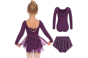 Zaclotre Girls Ballet Leotards Toddler Long Sleeve Crisscross Back Dance Dress Outfit with Removable Shiny Skirt Combo
