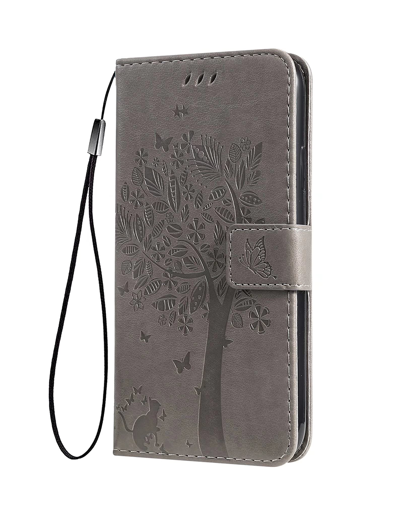 SEAHAI Case for Motorola Edge 40 Neo Wallet Case, Pretty Embossed Leaves and Cat Pattern Premium PU Leather Book Style Flip Cover Shockproof Case, Gray