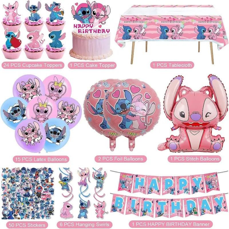 101PCS Stitch Party Supplies, Birthday Decorations Set Include Banner, Balloons, Stickers, Hanging Swirls, Cake Cupcake Toppers, Tablecloth for Girls Pink Stitch Theme Party