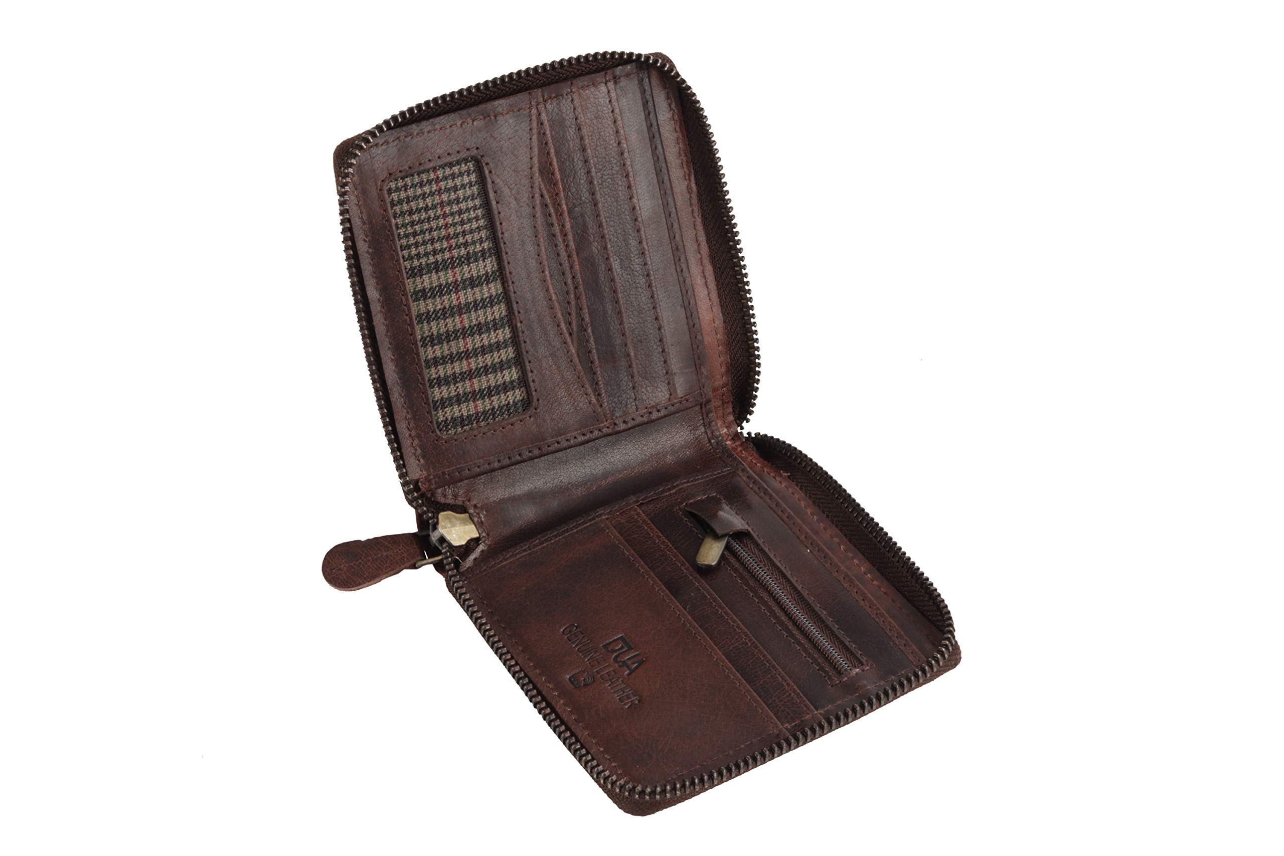 DUA RFID Mens Genuine Leather Bifold Zip Around Wallet Black & Brown (Brown)
